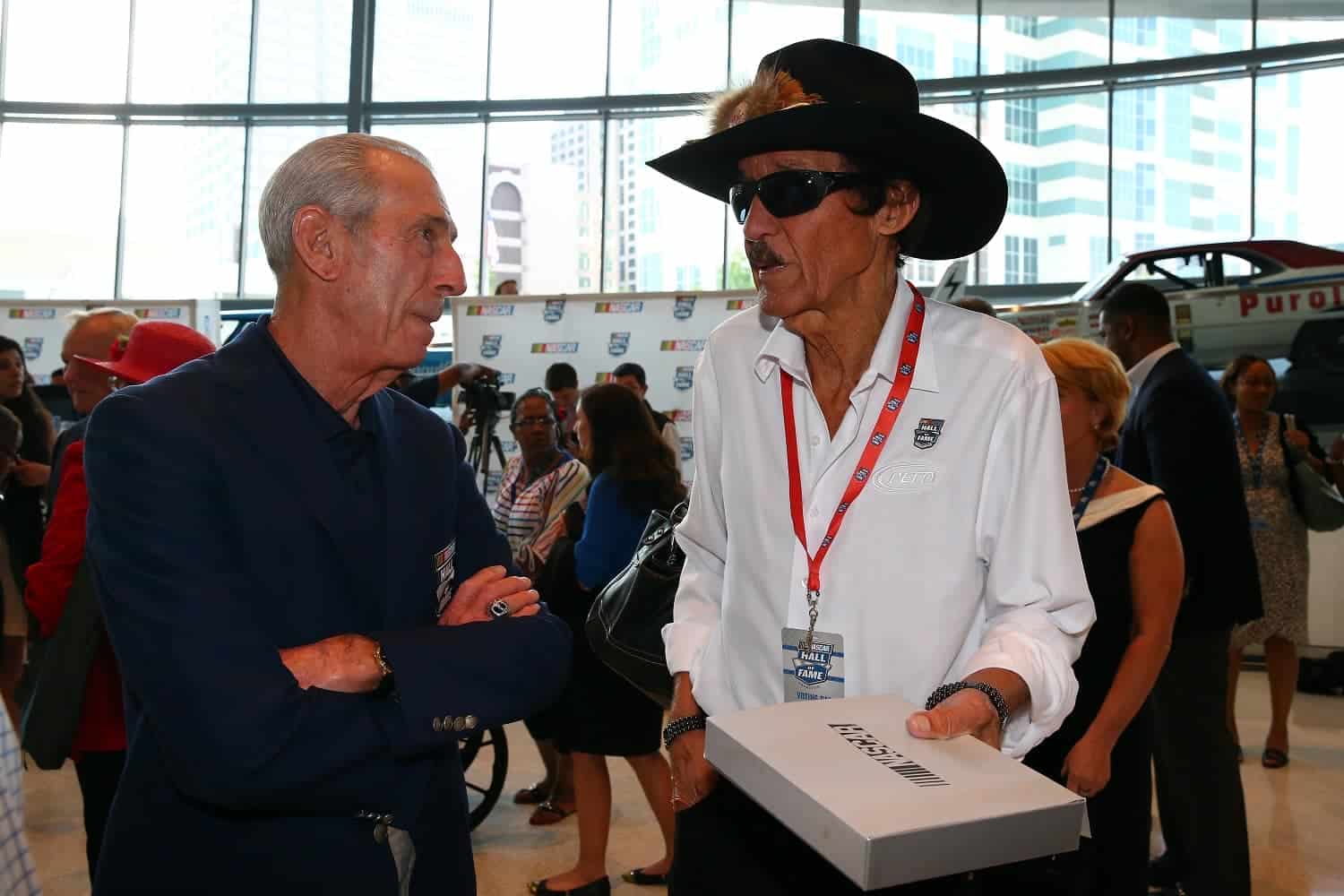 Ned Jarrett and Richard Petty speak after the NASCAR Hall of Fame Voting at NASCAR Hall of Fame on May 22, 2013, in Charlotte, North Carolina. Streeter Lecka/NASCAR via Getty Images