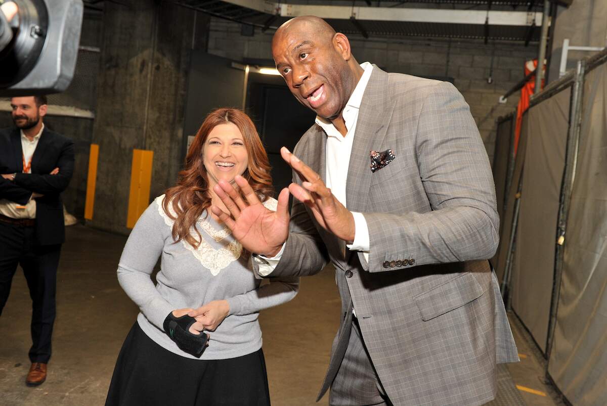 Magic Johnson speaks to Rachel Nichols after he resigns as the Lakers' president of basketball operations in 2019