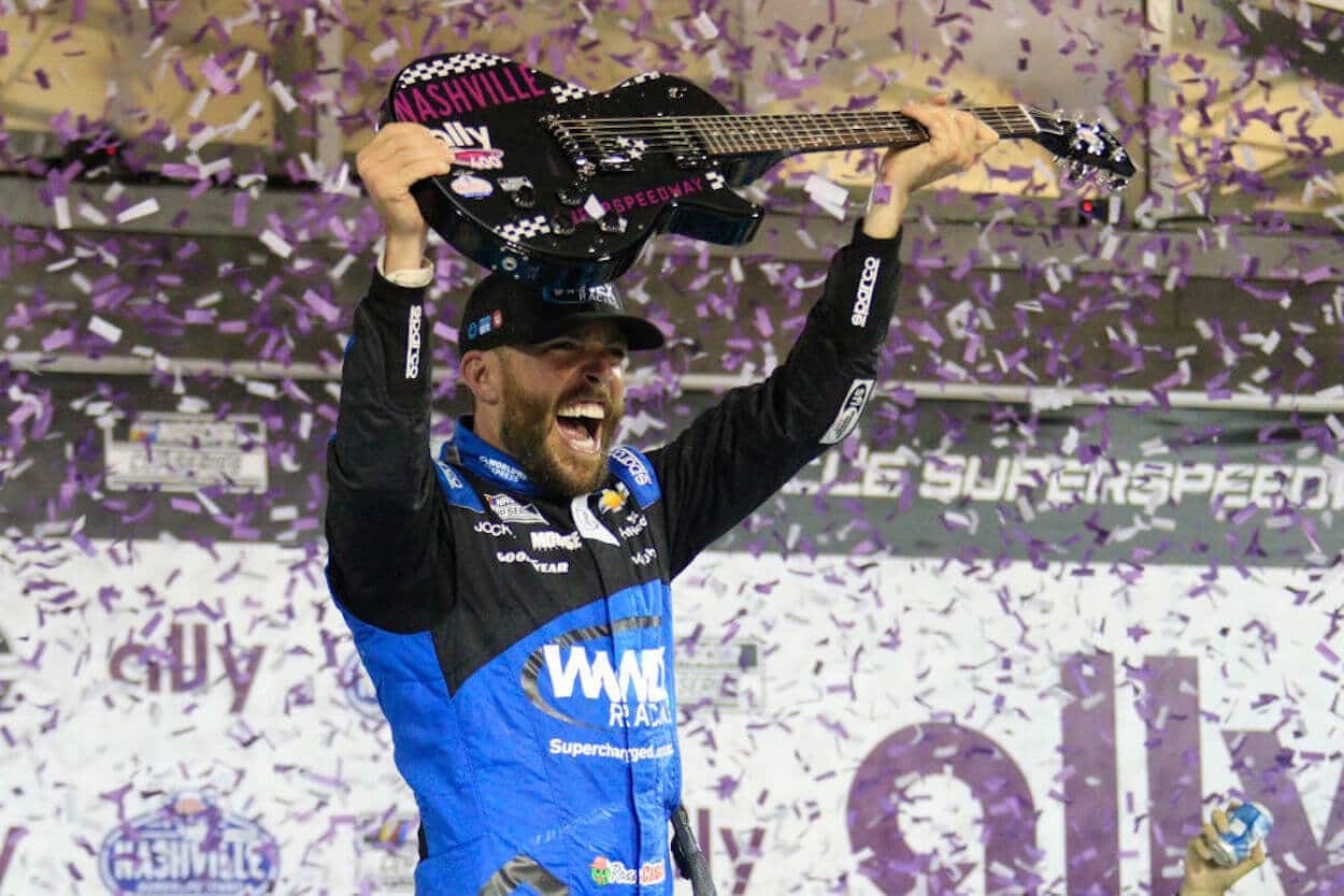 Ross Chastain celebrates victory at Nashville.