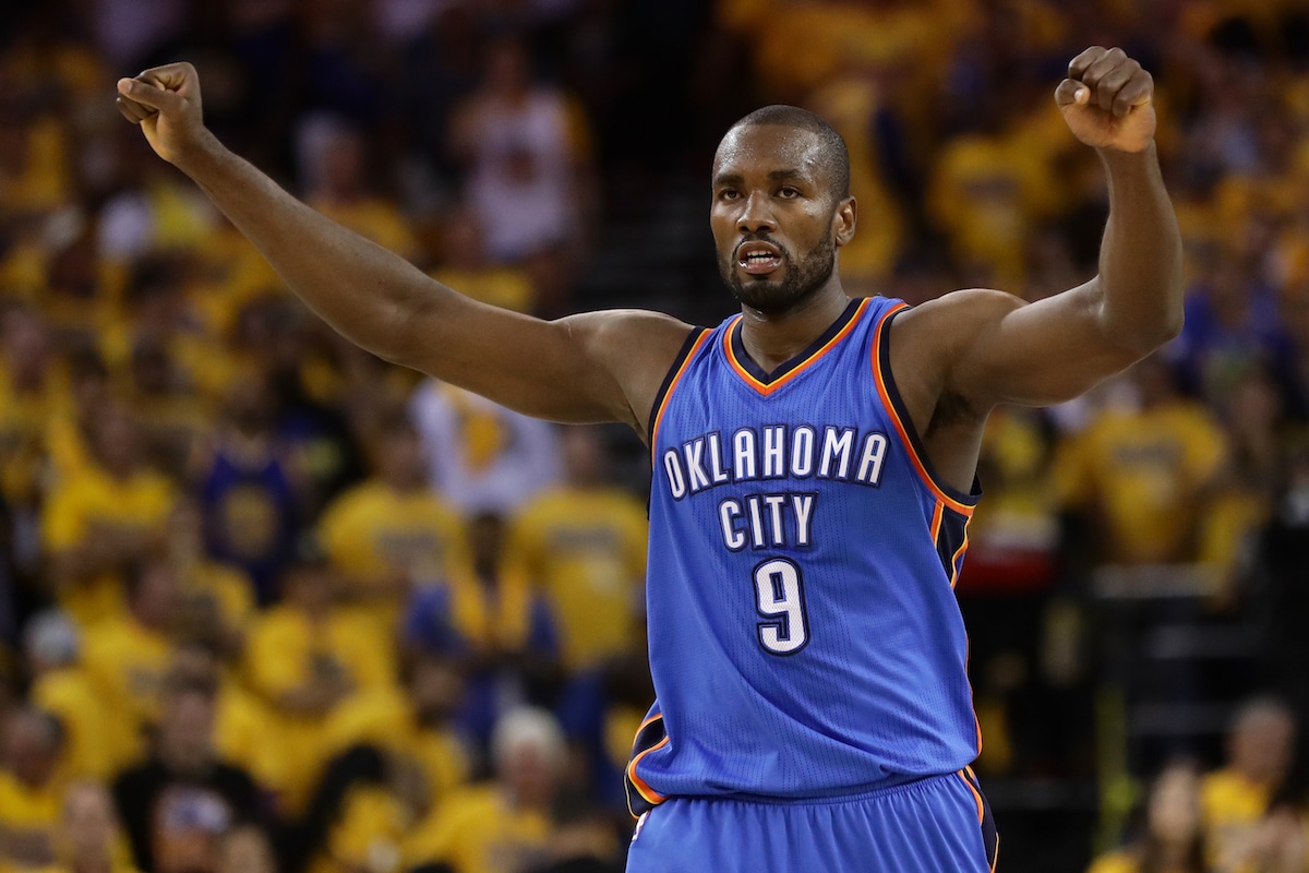 Serge Ibaka celebrates for the Oklahoma City Thunder