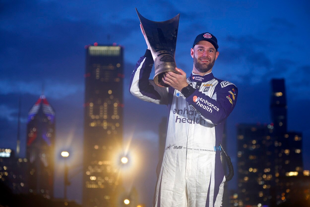 Shane van Gisbergen, driver of the #91 Enhance Health Chevrolet, celebrates in victory lane after winning the NASCAR Cup Series Grant Park 220 at the Chicago Street Course on July 02, 2023 in Chicago, Illinois