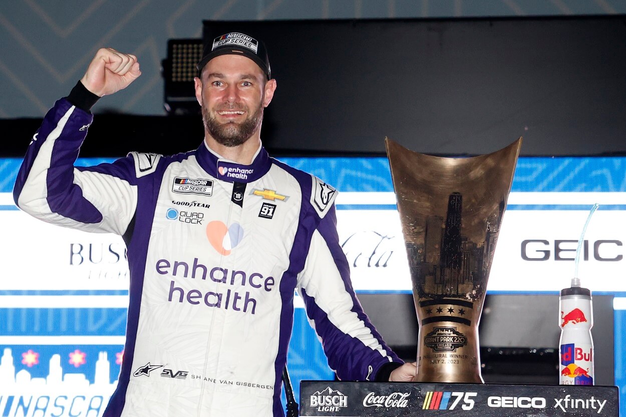 Shane Van Gisbergen, driver of the #91 Enhance Health Chevrolet, celebrates in victory lane after winning the NASCAR Cup Series Grant Park 220 at the Chicago Street Course on July 02, 2023 in Chicago, Illinois.