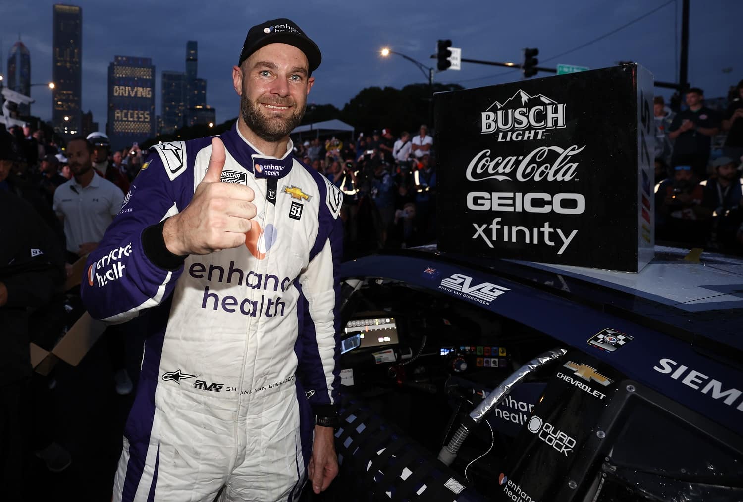 Shane Van Gisbergen in Victory Lane after winning the NASCAR Cup Series Grant Park 220 at the Chicago Street Course on July 2, 2023.