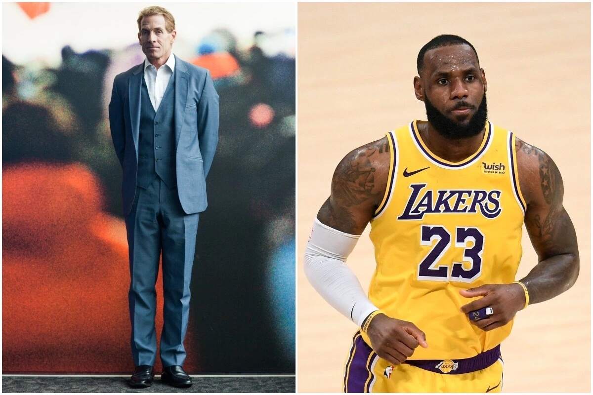 An image of Skip Bayless in a suit alongside an image of LeBron James in his Lakers jersey