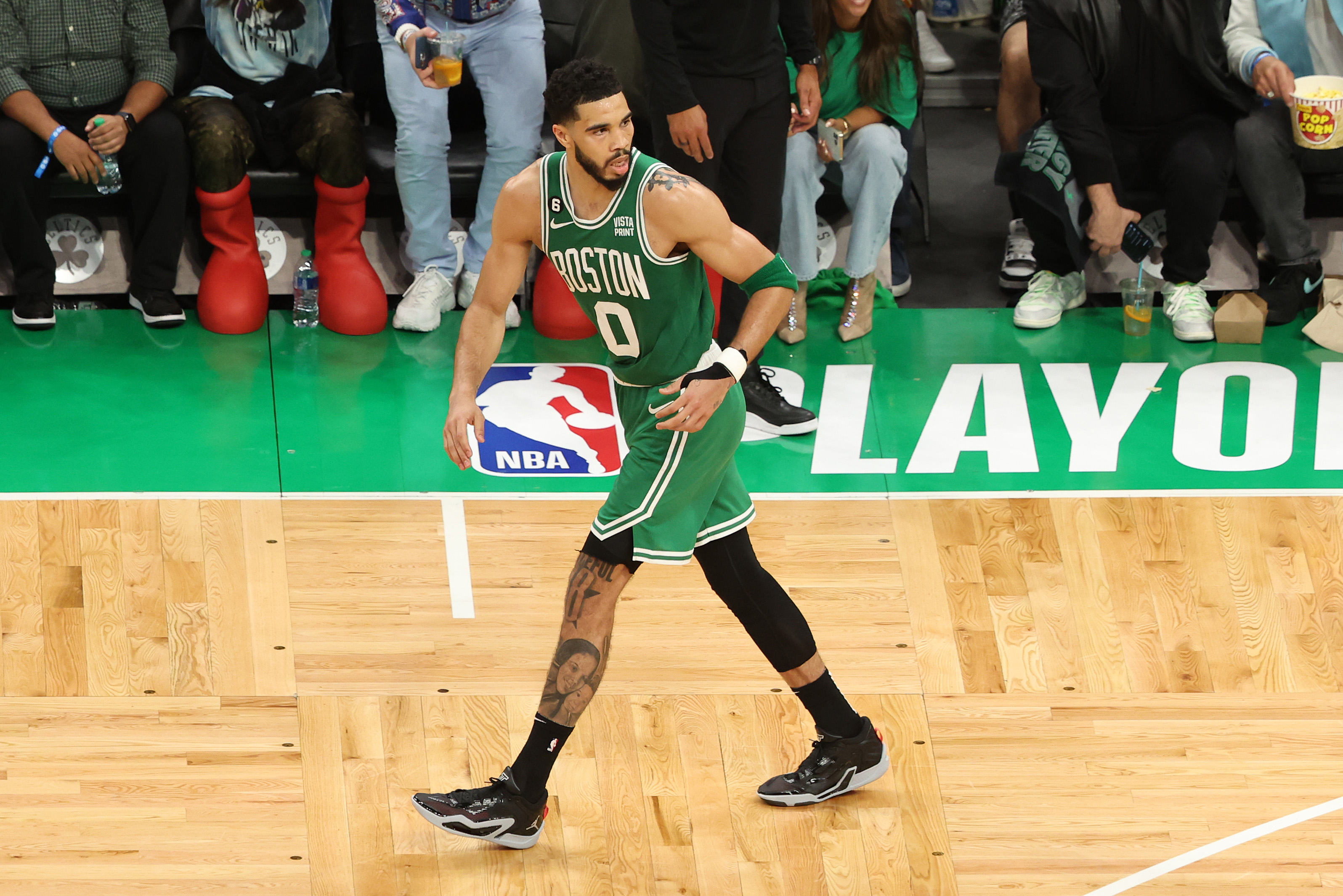 Jayson Tatum of the Boston Celtics reacts during the third quarter against the Miami Heat.