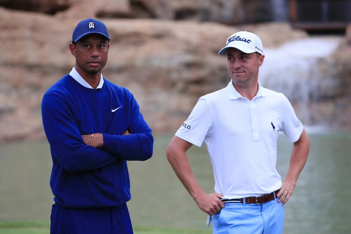 Golfers Tiger Woods and Justin Thomas at the Payne's Valley Cup in September 2020