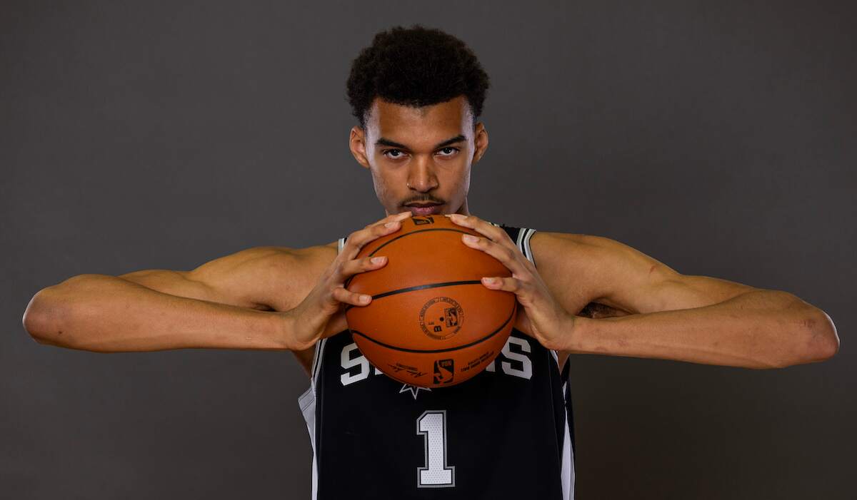 Victor Wembanyama of the San Antonio Spurs poses for a portrait during the 2023 NBA rookie photo shoot