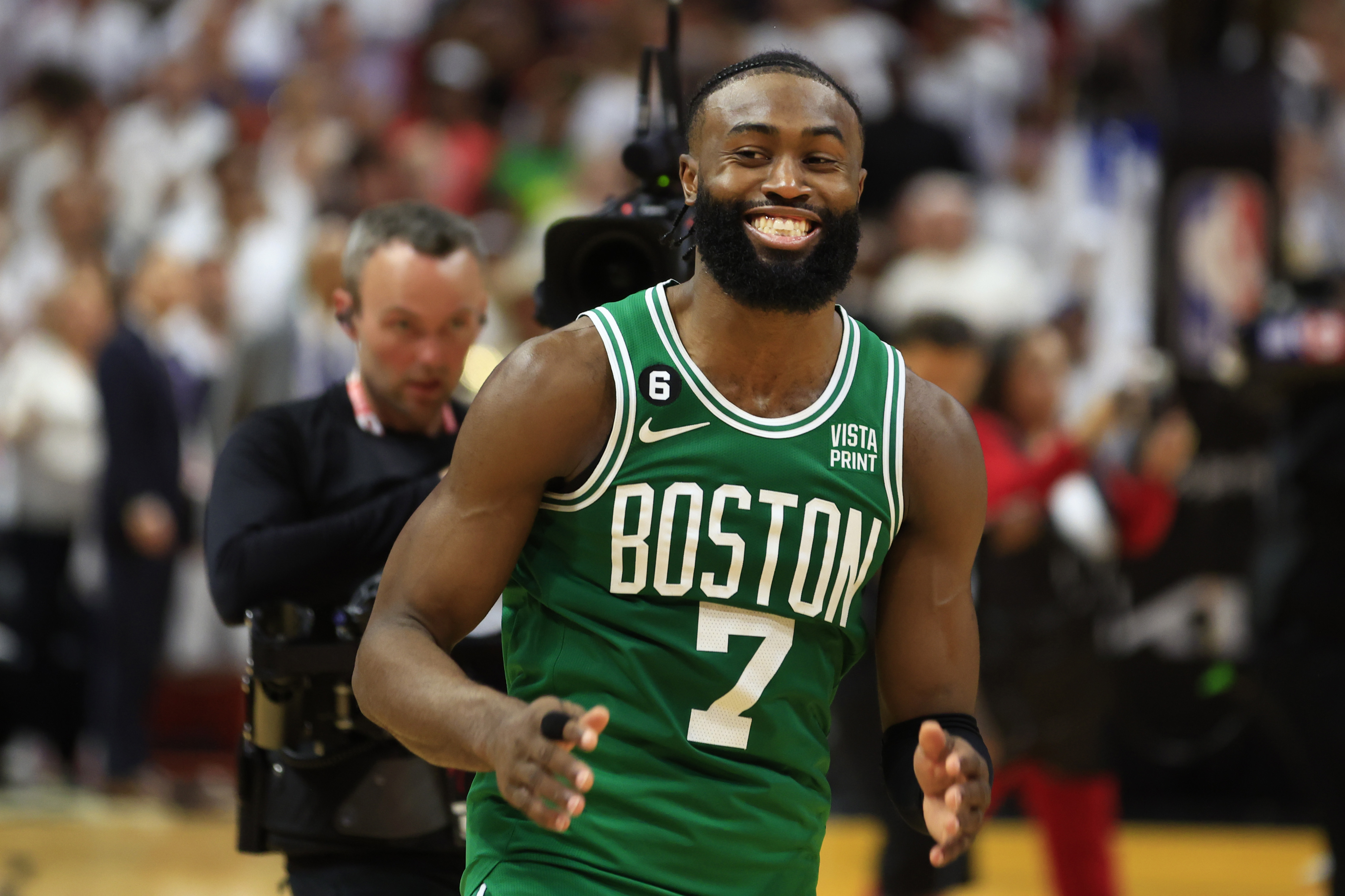 Jaylen Brown of the Boston Celtics reacts to defeating the Miami Heat 104-103 in Game 6 of the Eastern Conference Finals.