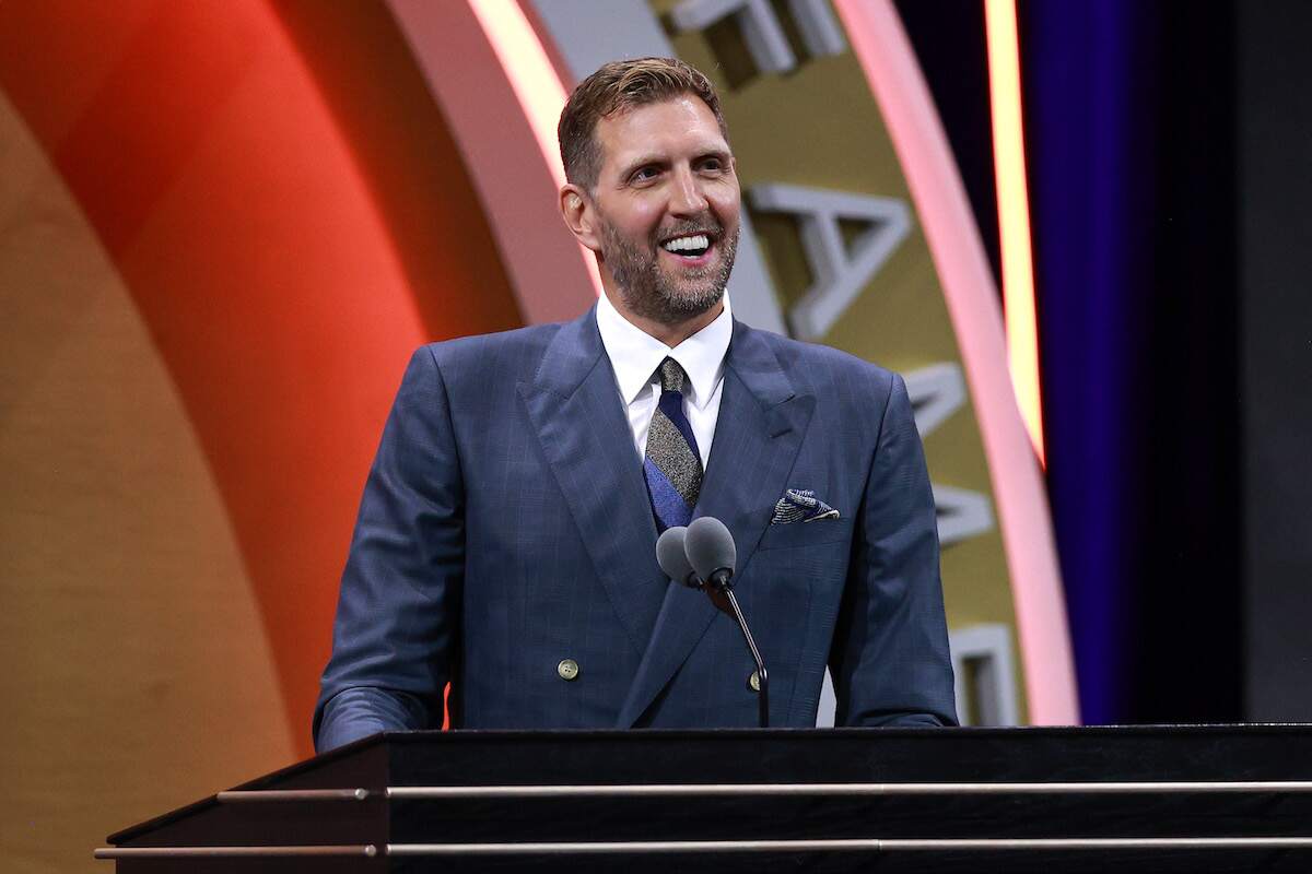 2023 inductee Dirk Nowitzki speaks during the 2023 Naismith Basketball Hall of Fame Induction at Symphony Hall on August 12, 2023