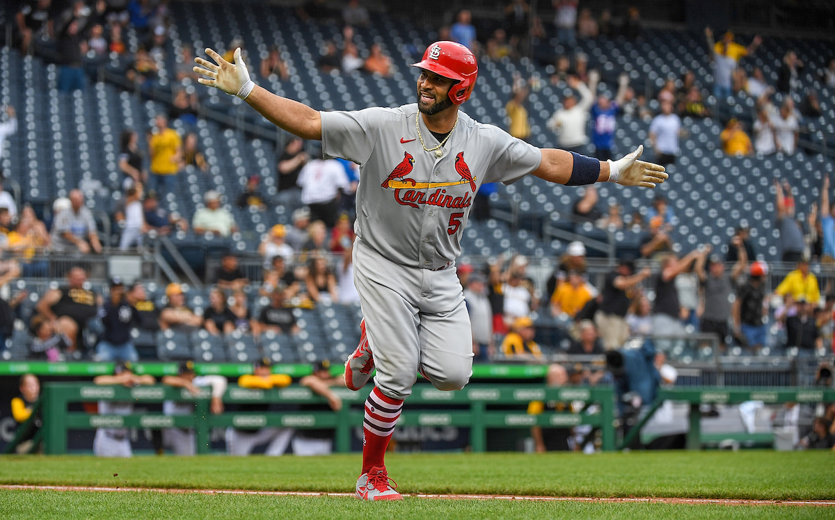Albert Pujols celebrates a home run for the St. Louis Cardinals