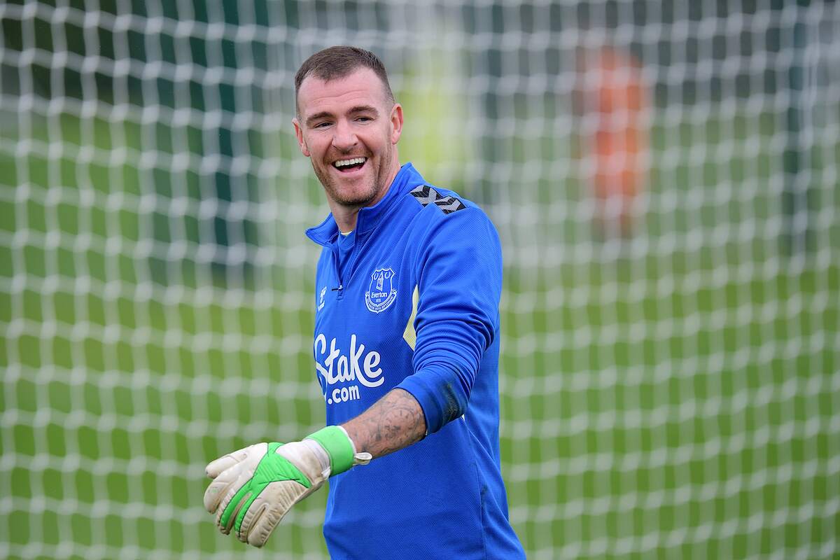 Andy Lonergan laughs during an Everton training session in 2023