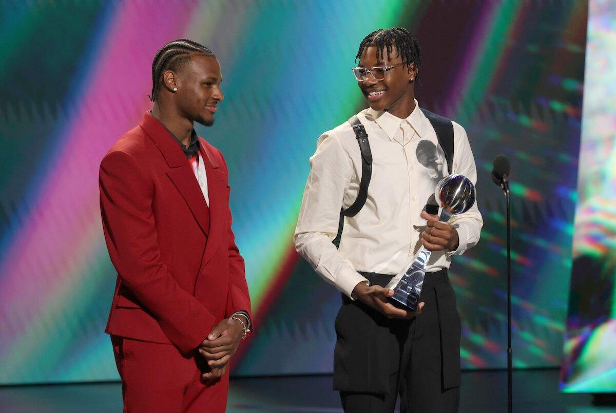 Bronny James and Bryce James speak onstage during The 2023 ESPY Awards