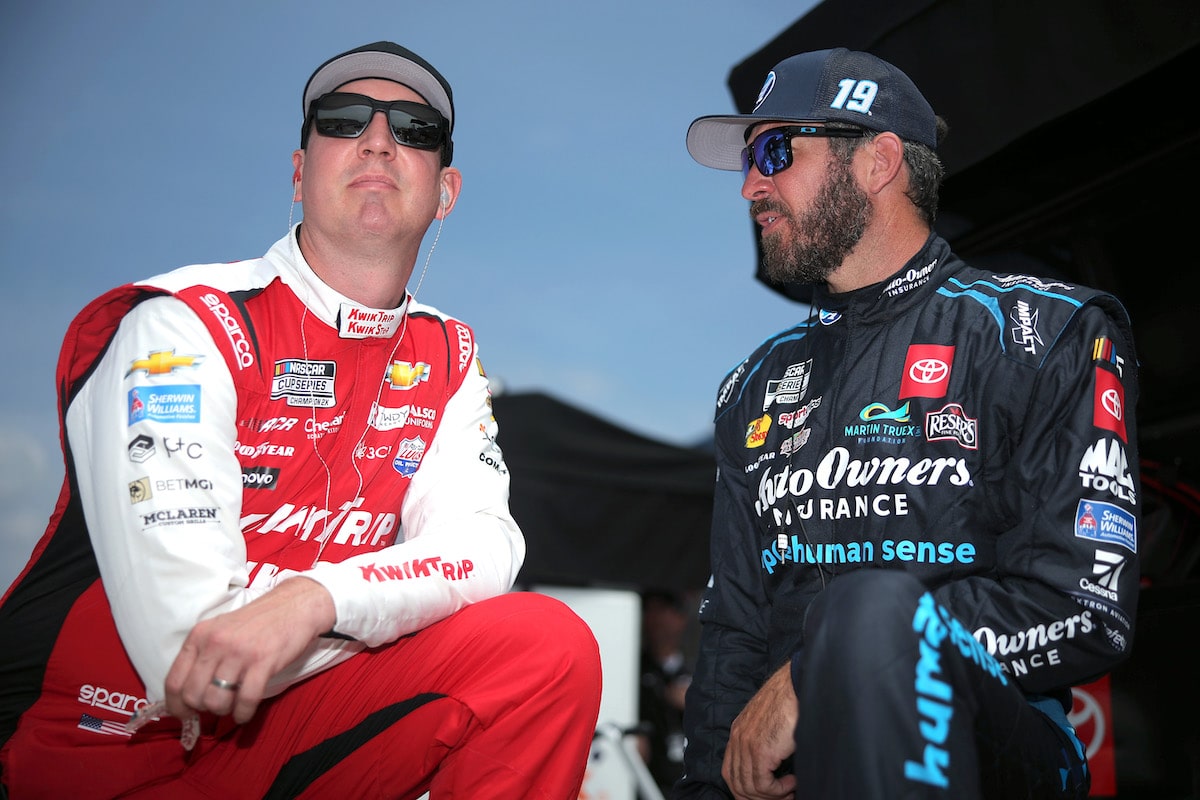 Kyle Busch (L) and Martin Truex Jr. (R) talk.