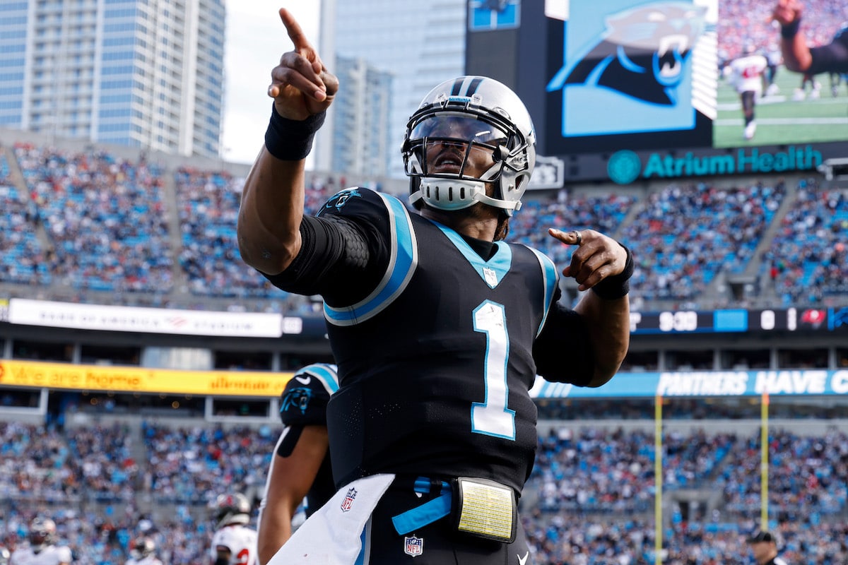 Cam Newton celebrates for the Carolina Panthers.