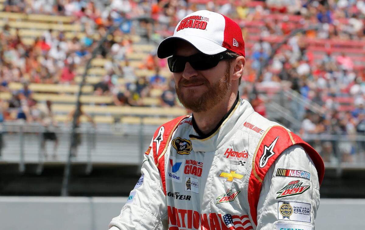 Dale Earnhardt Jr., driver of the #88 National Guard/Superman Chevrolet, rides down pit road during the NASCAR Sprint Cup Series