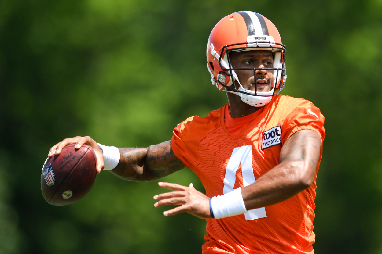 Deshaun Watson of the Cleveland Browns throws a pass during training camp.