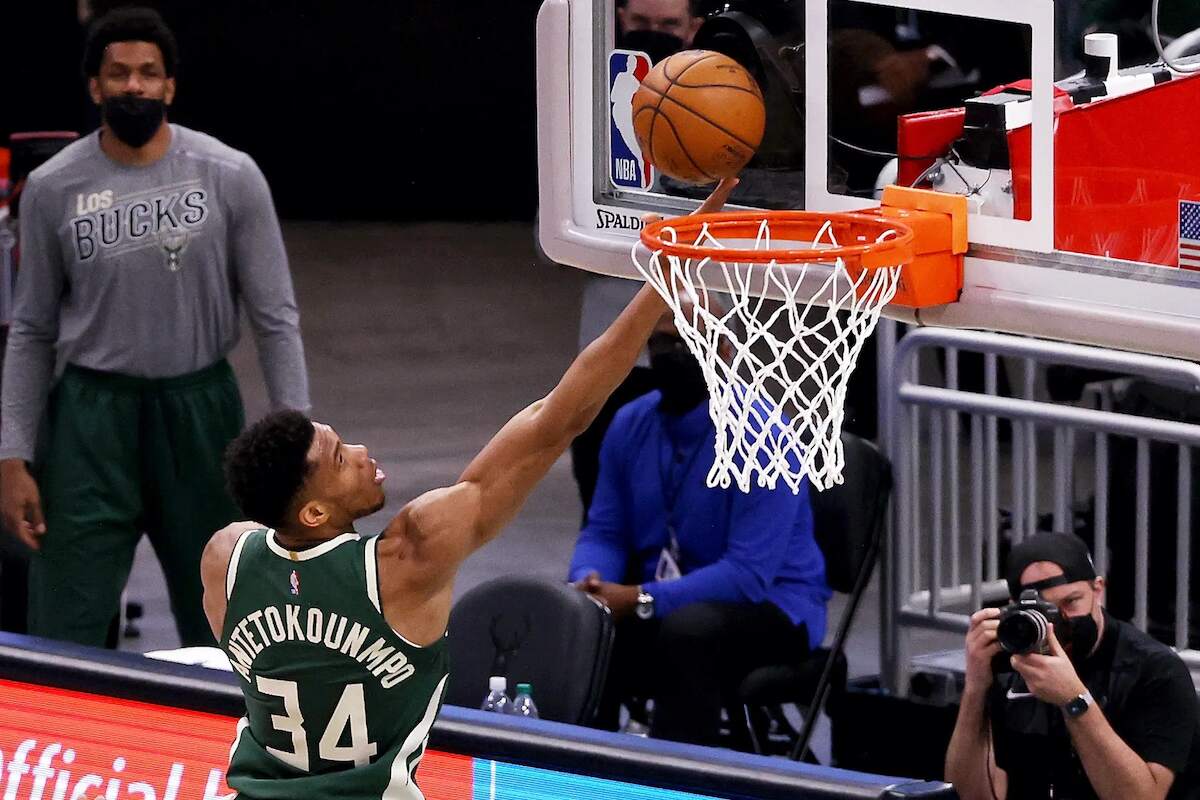 Giannis Antetokounmpo drives to the rim for the Milwaukee Bucks