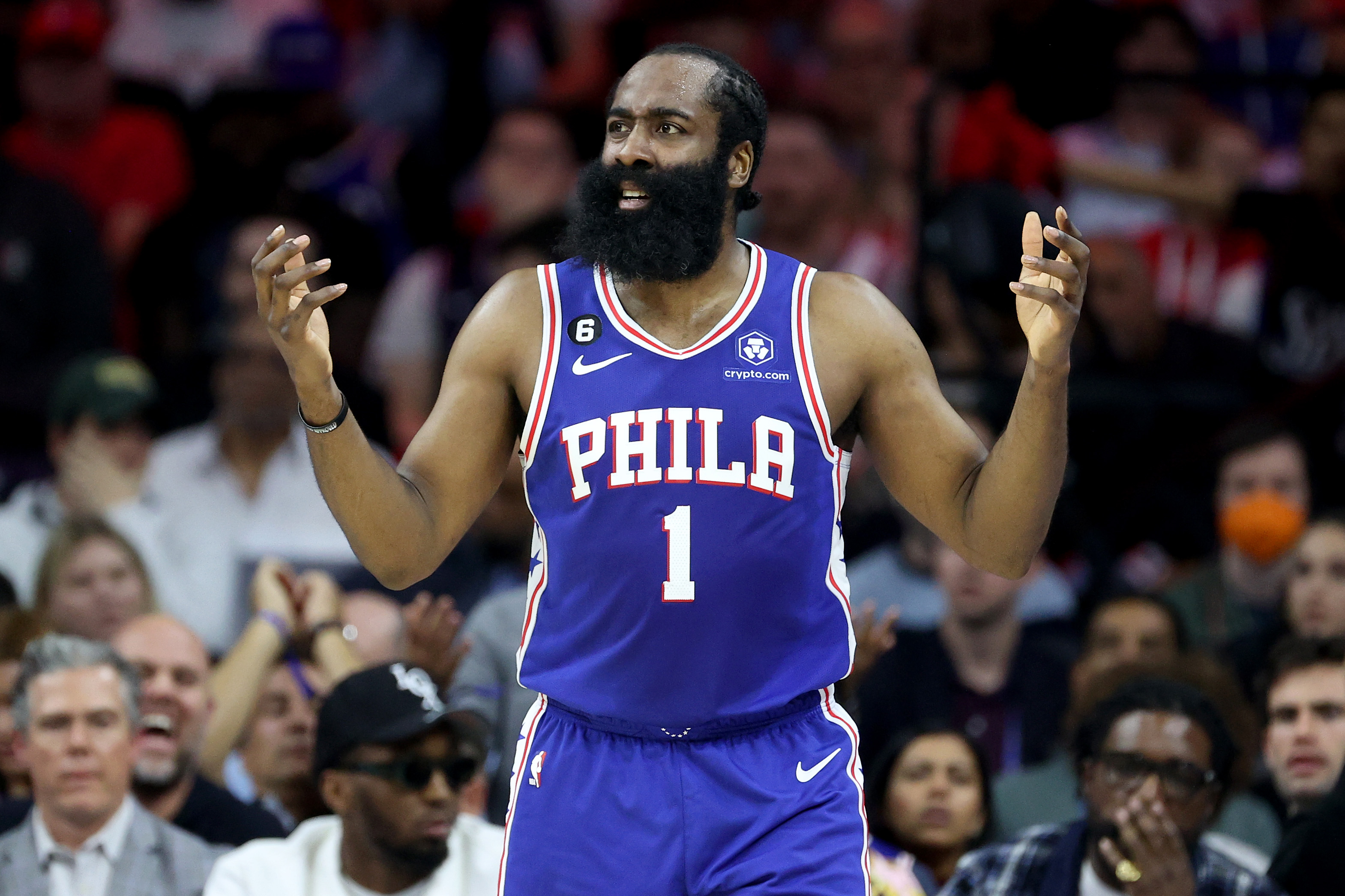 James Harden of the Philadelphia 76ers reacts to a play against the Boston Celtics.