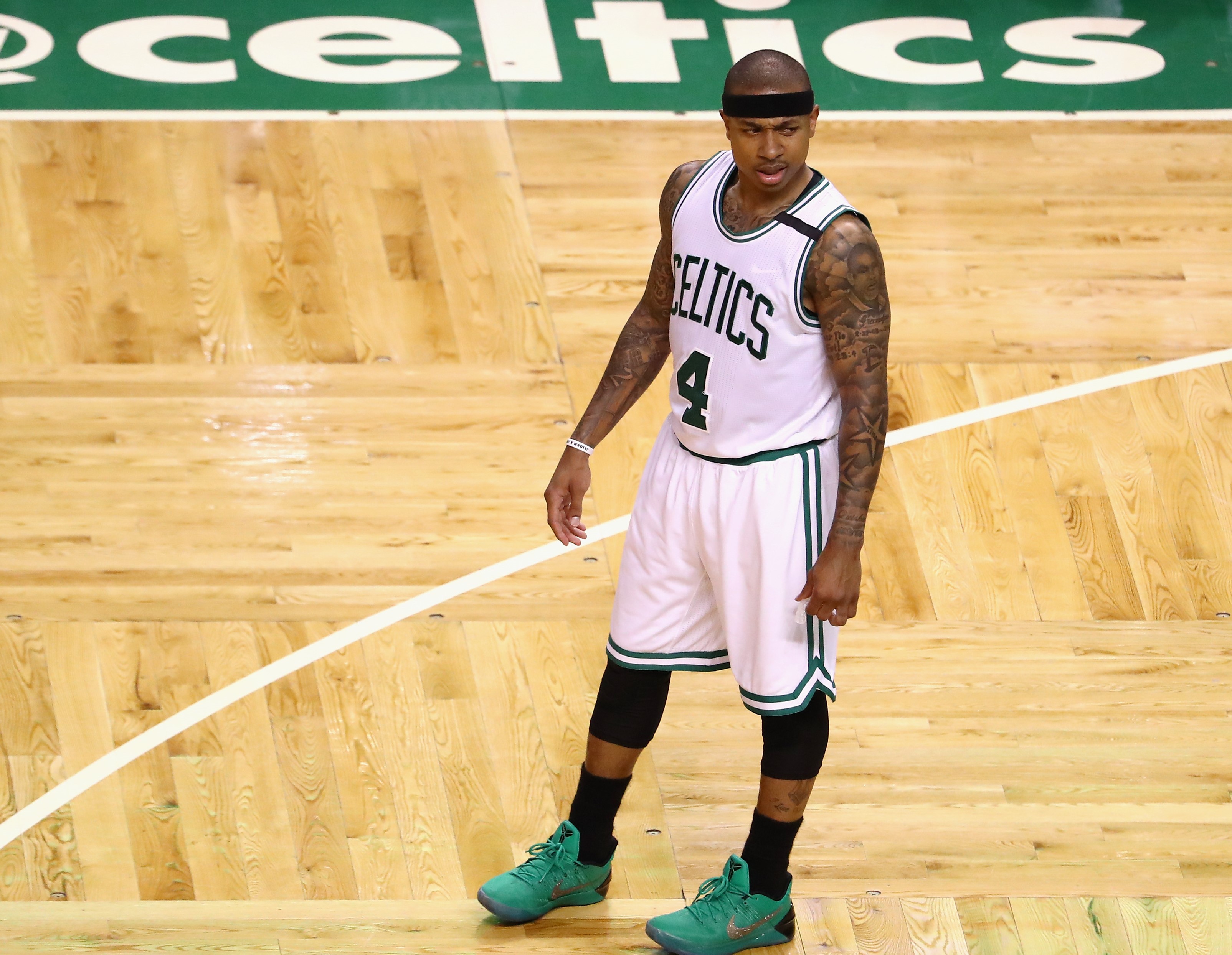 Isaiah Thomas of the Boston Celtics reacts in the first half against the Cleveland Cavaliers.