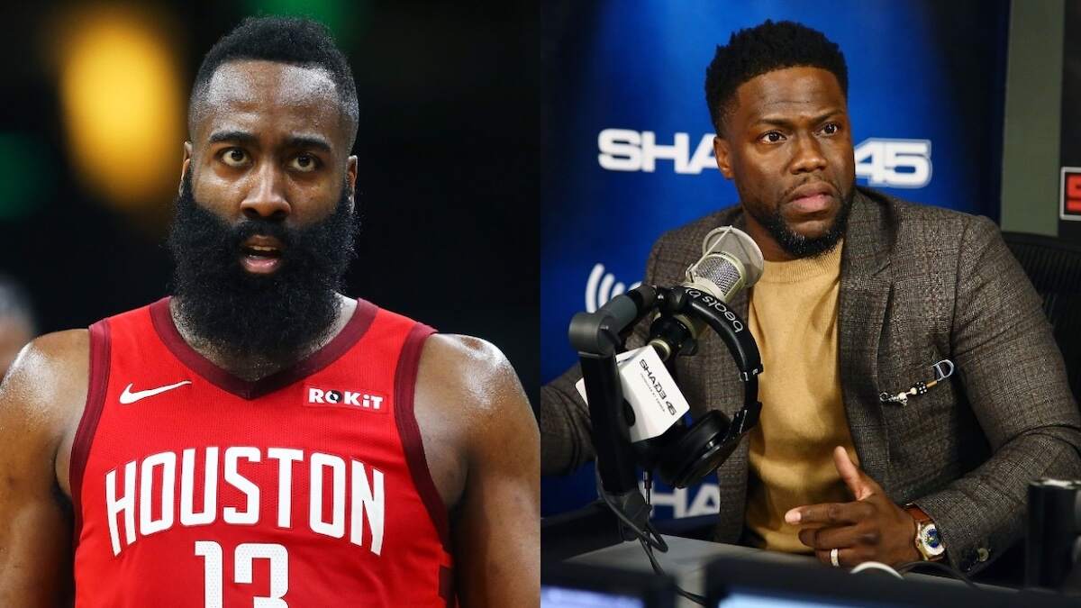 An image of James Harden in a Houston Rockets jersey alongside an image of Kevin Hart at a radio station