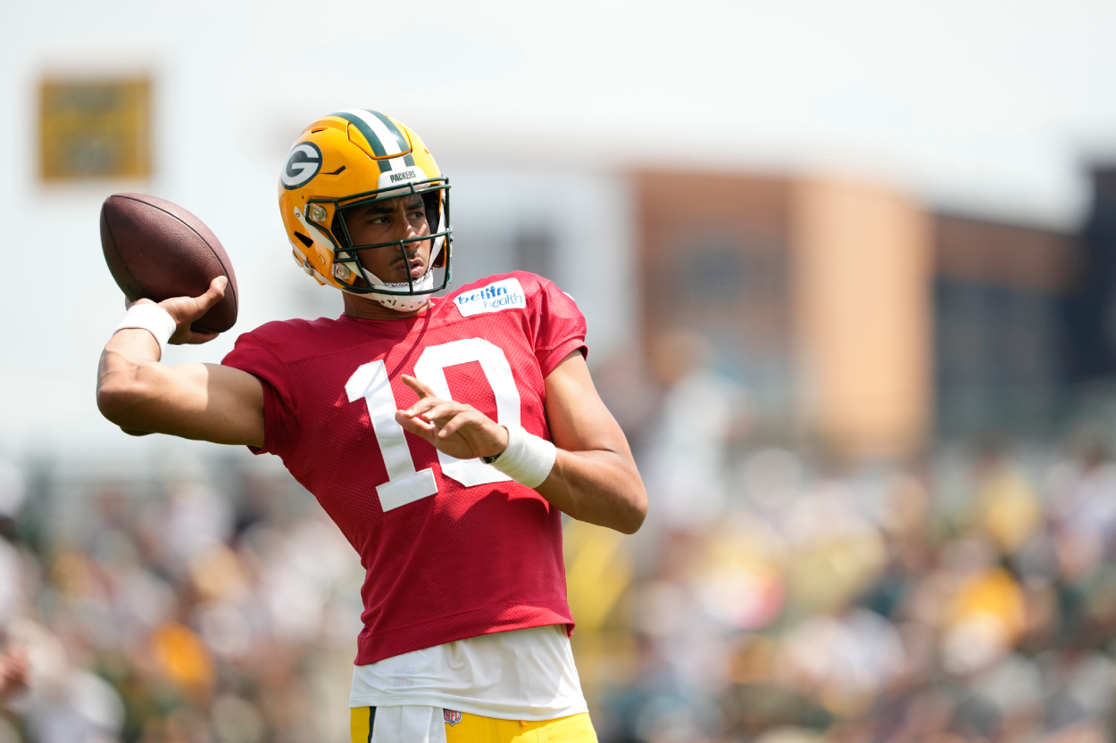 Jordan Love of the Green Bay Packers works out during training camp.
