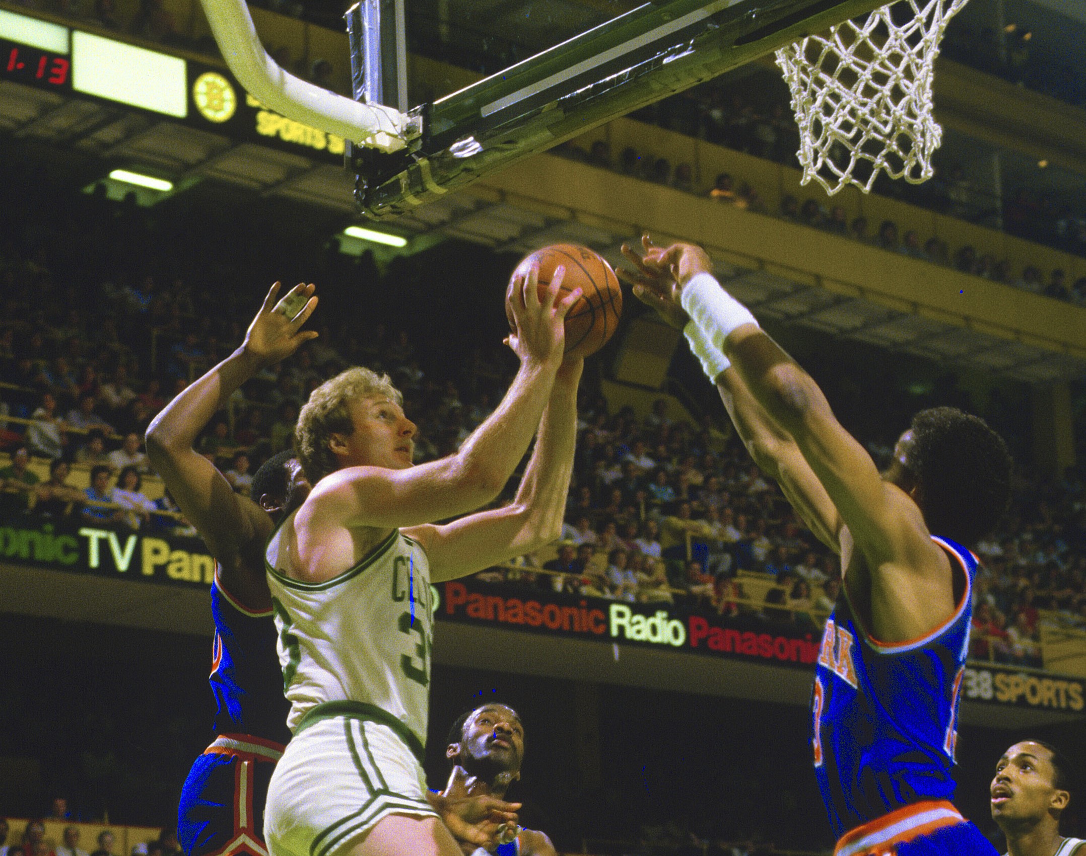 Larry Bird of the Boston Celtics in action against the New York Knicks.
