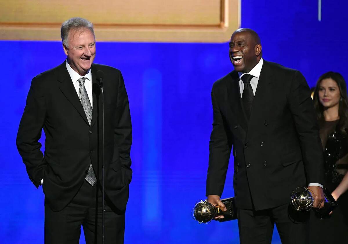 Larry Bird and Magic Johnson laugh together as they accept Lifetime Achievement Awards