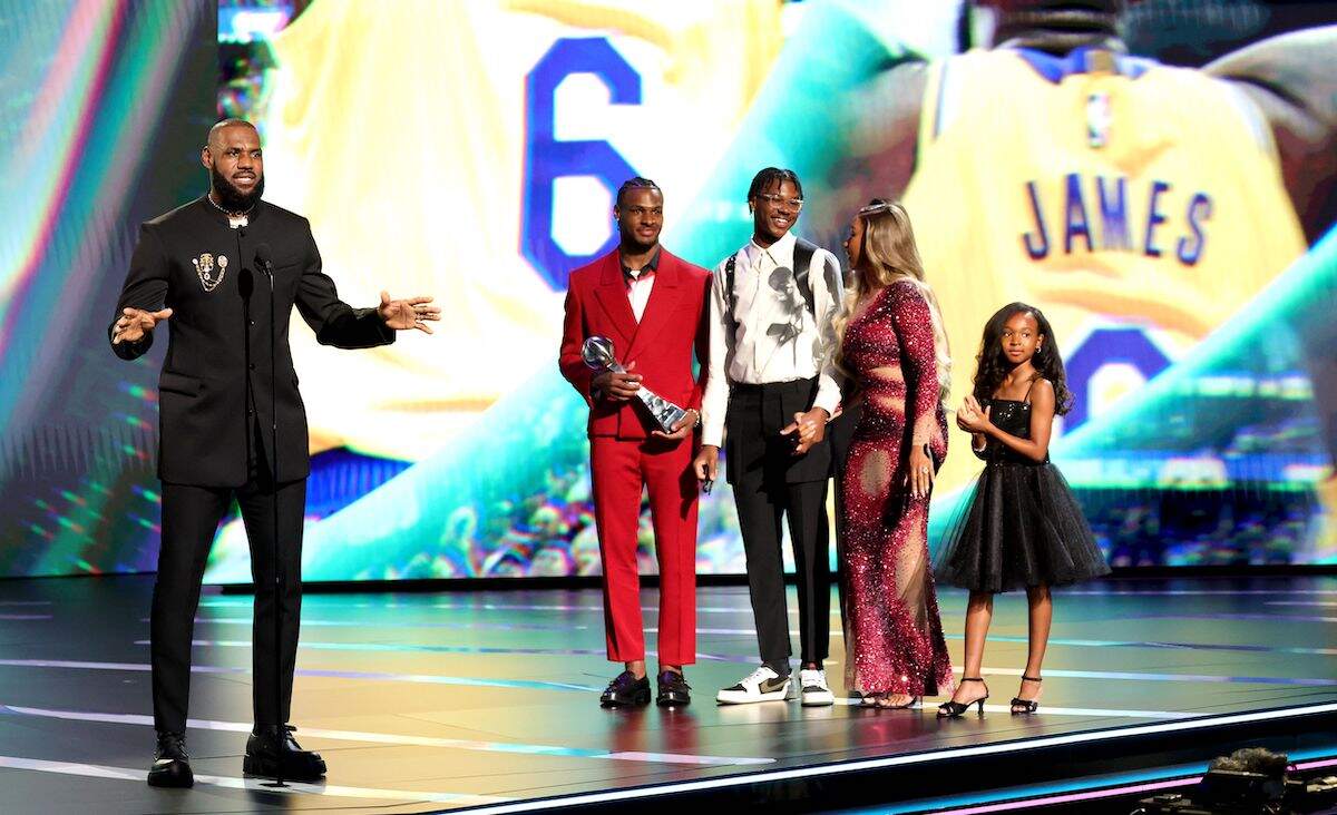 NBA star LeBron James, Bronny James, Bryce James, Savannah James, and Zhuri James speak onstage during The 2023 ESPY Awards