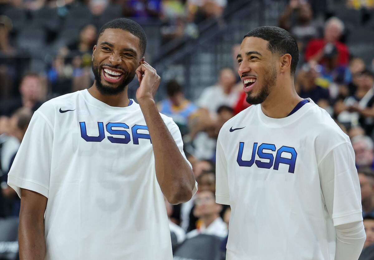Mikal Bridges and Tyrese Haliburton of Team USA talk on the court before a 2023 FIBA World Cup exhibition game
