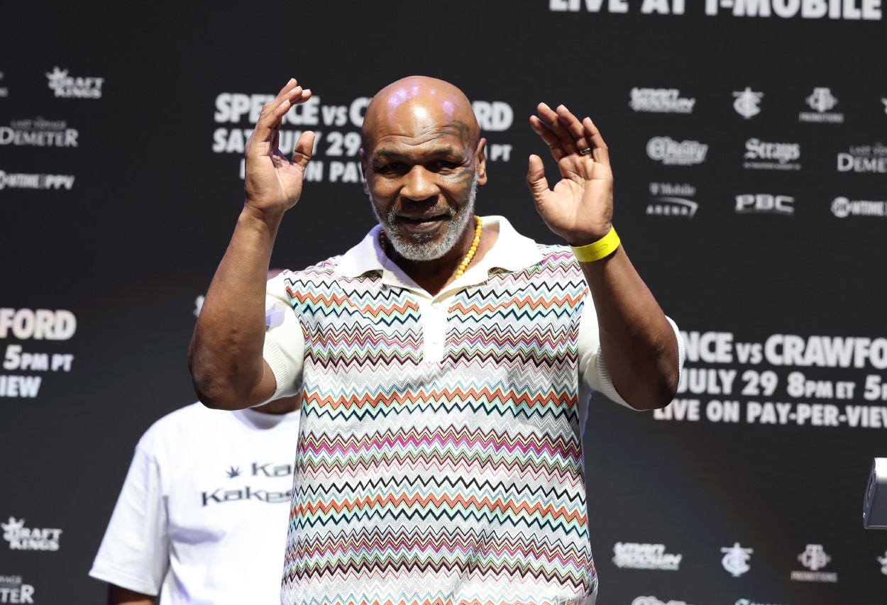 Mike Tyson looks on during the weigh-in for Terence Crawford and Errol Spence Jr. weigh-in.