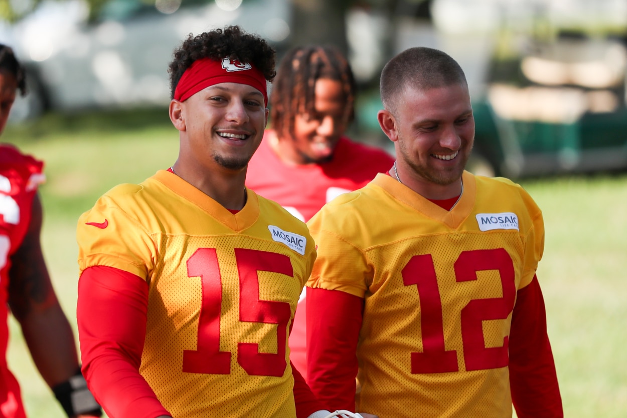 Kansas City Chiefs quarterbacks Patrick Mahomes (15) and Shane Buechele (12).