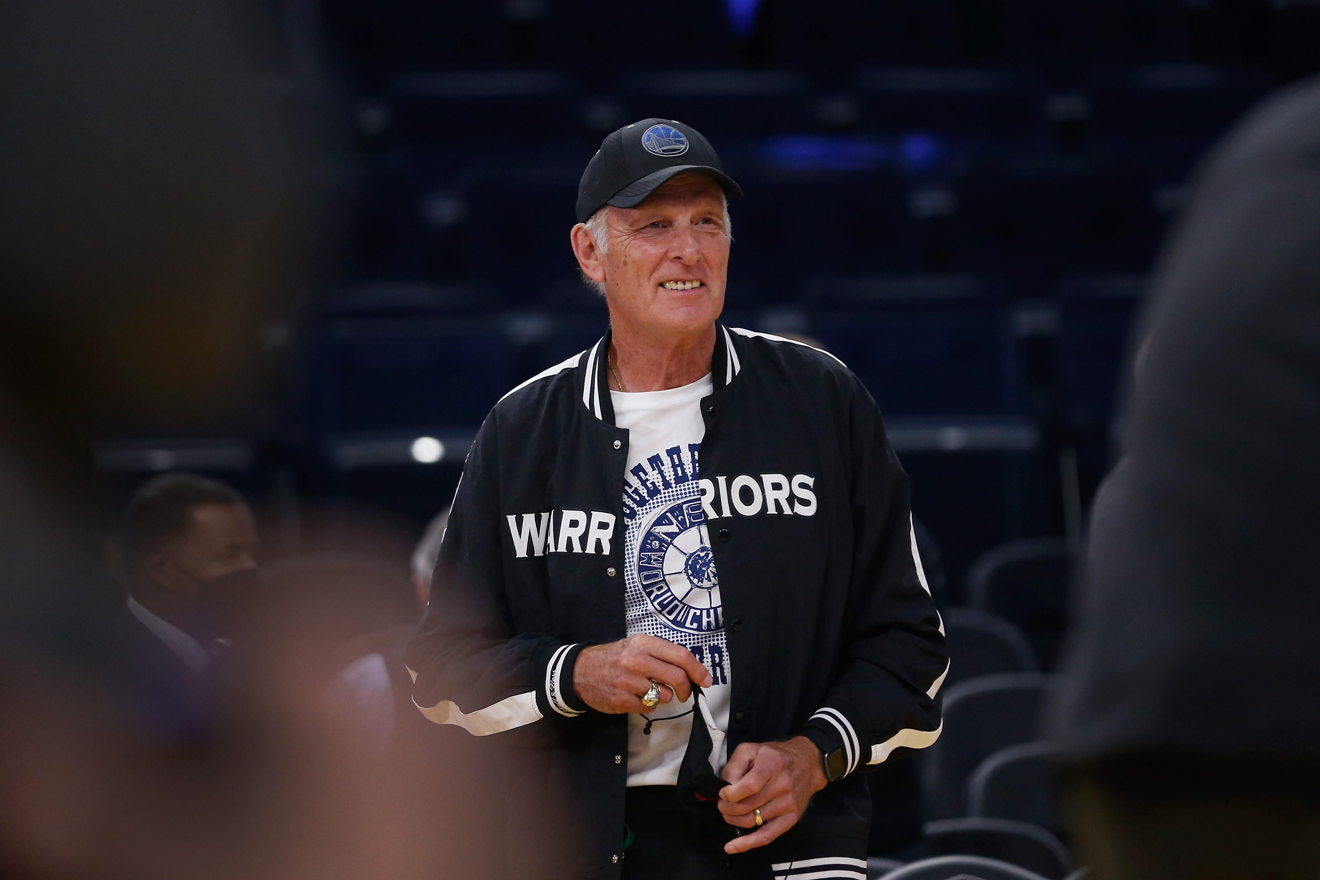 Former Golden State Warriors player Rick Barry looks on before the game against the Houston Rockets.