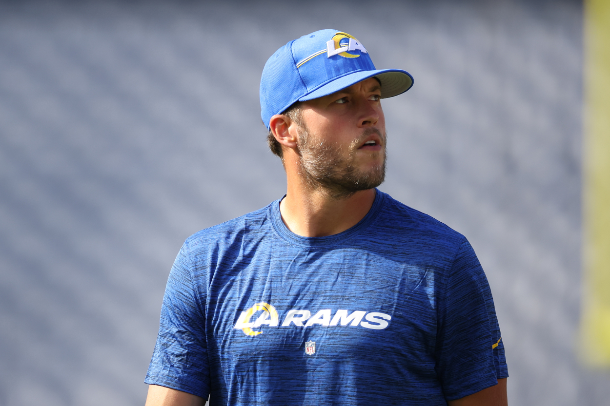 Matthew Stafford of the Los Angeles Rams warms up before the preseason game against the Denver Broncos.