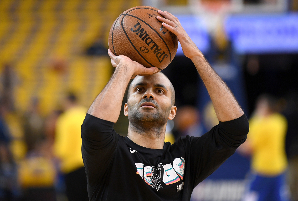 Tony Parker of the San Antonio Spurs warms up prior to playing the Golden State Warriors.