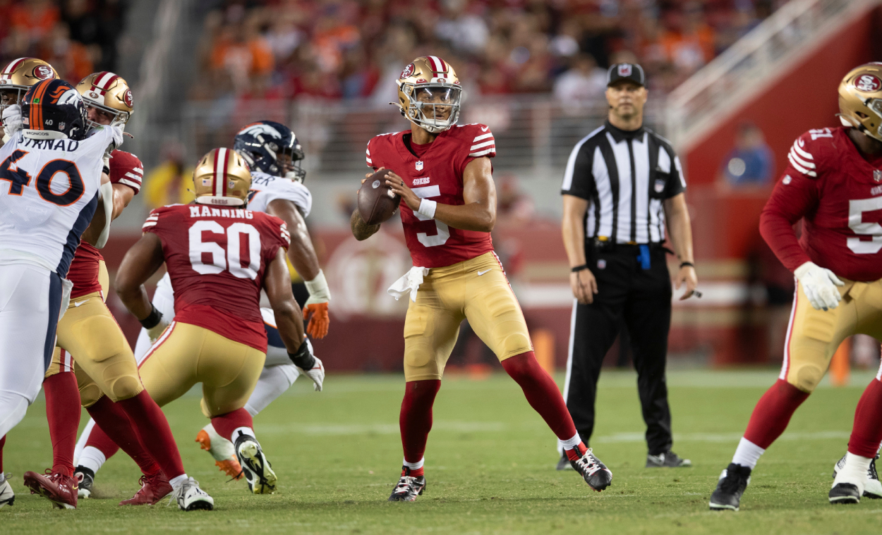 Trey Lance of the San Francisco 49ers passes during a game against the Denver Broncos.