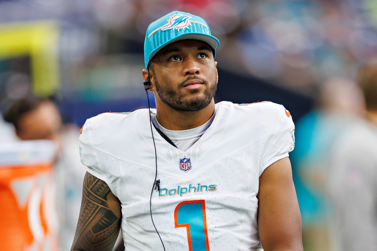 Tua Tagovailoa of the Miami Dolphins on the sidelines during the preseason game against the Houston Texans.