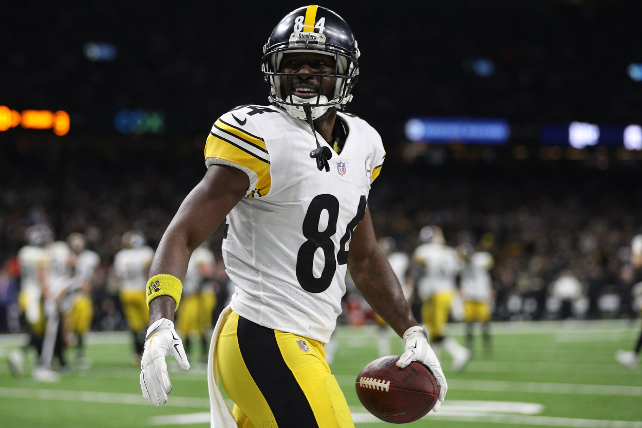 Antonio Brown of the Pittsburgh Steelers celebrates a touchdown,