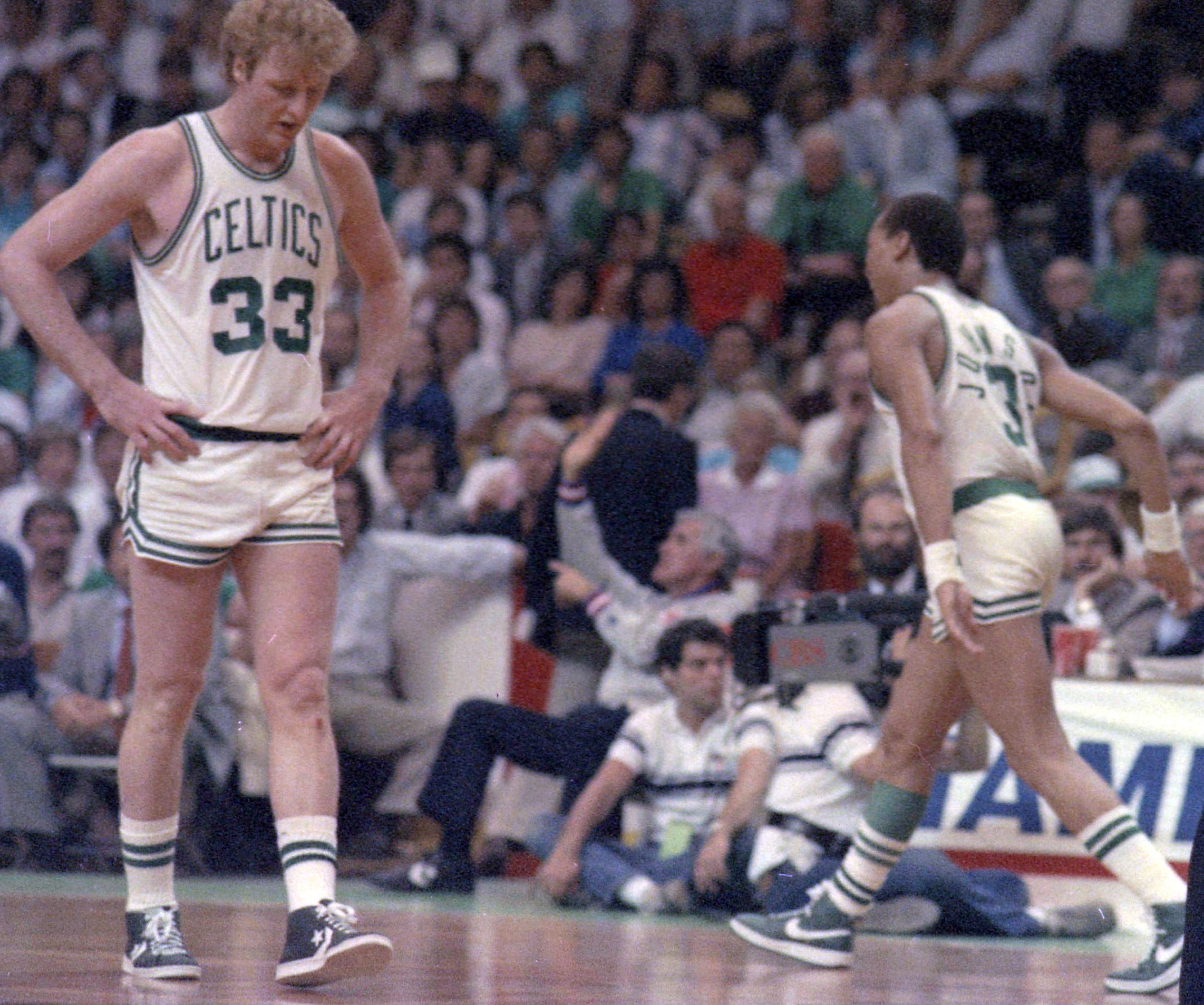 Boston Celtics forward Larry Bird walks down the court during the 1985 NBA Finals.