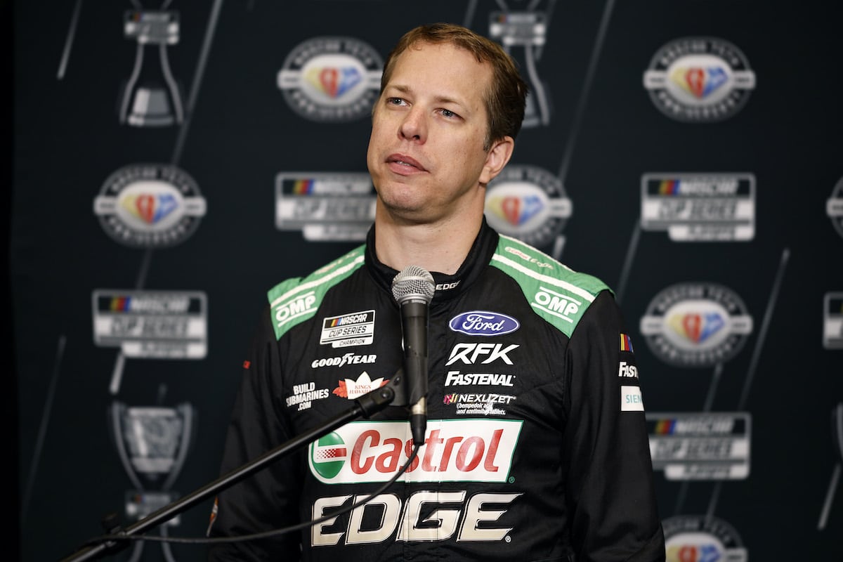 Brad Keselowski talks to media.