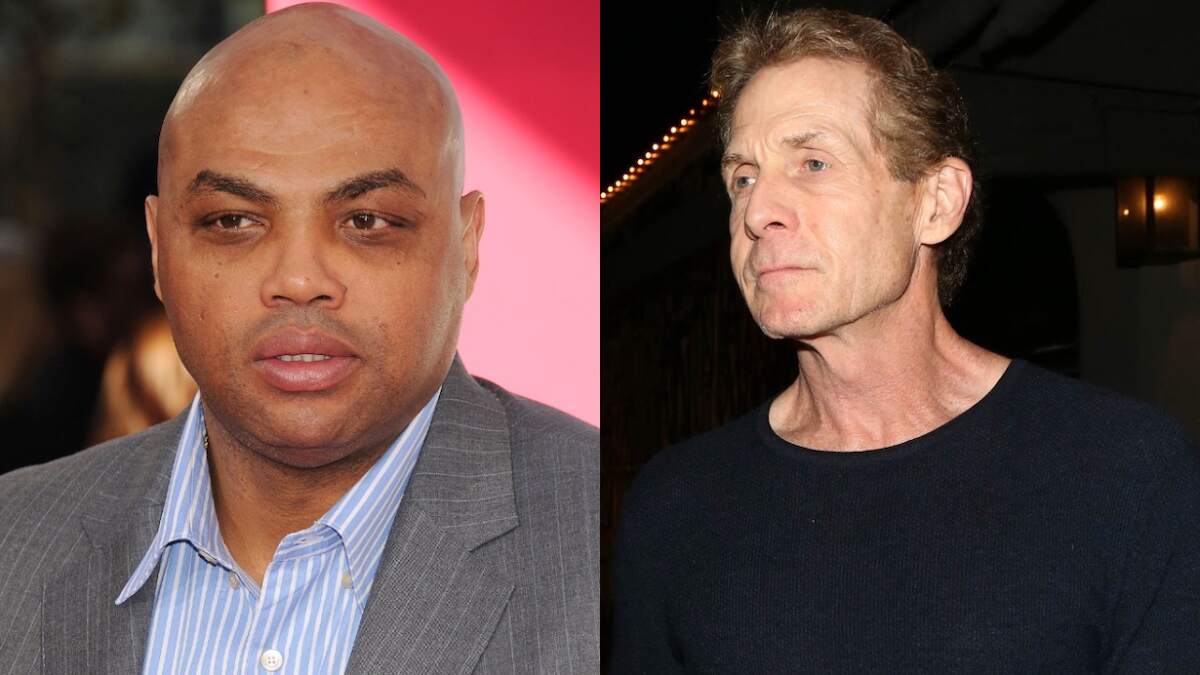 An image of NBA legend Charles Barkley wearing a gray suit alongside an image of FOX commentator Skip Bayless in a black tee shirt