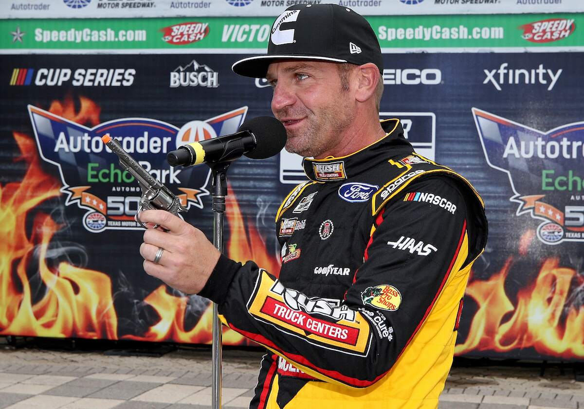 Clint Bowyer speaks to the media during his Texas Motor Speedway retirement presentation in 2020