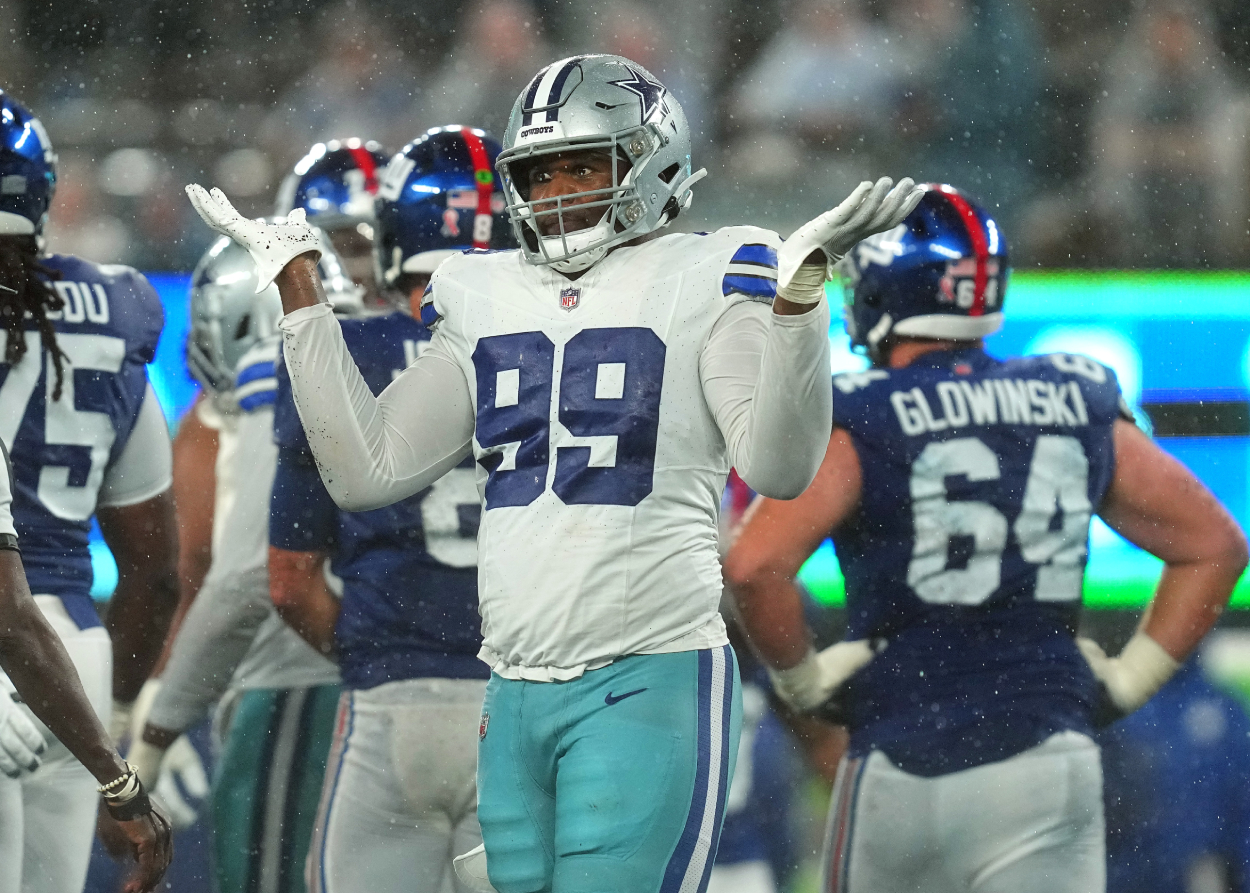 Chauncey Golston of the Dallas Cowboys reacts after a sack during the fourth quarter against the New York Giants.