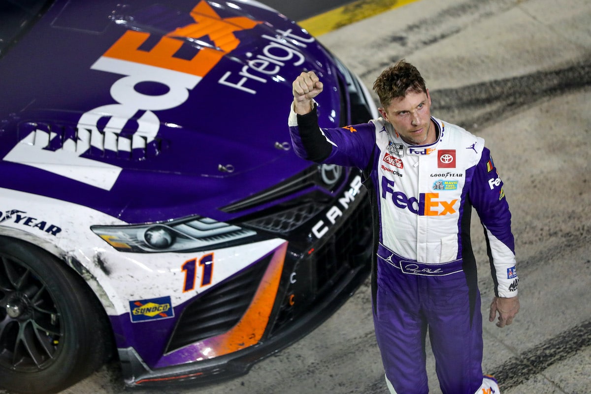 Denny Hamlin celebrates.