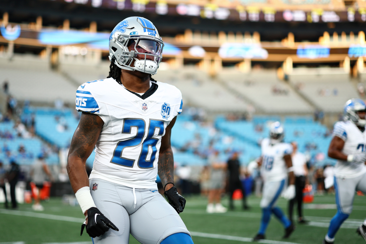 Jahmyr Gibbs of the Detroit Lions warms up prior to an NFL preseason game against the Carolina Panthers.