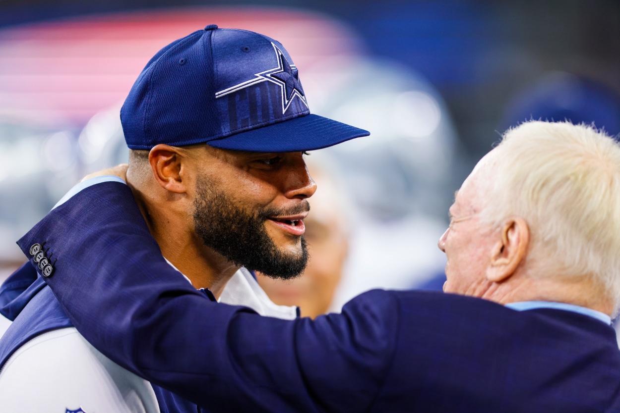 Dallas Cowboys quarterback Dak Prescott talks with Jerry Jones.