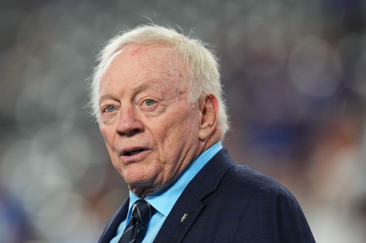 Owner Jerry Jones of the Dallas Cowboys looks on against the New York Giants.