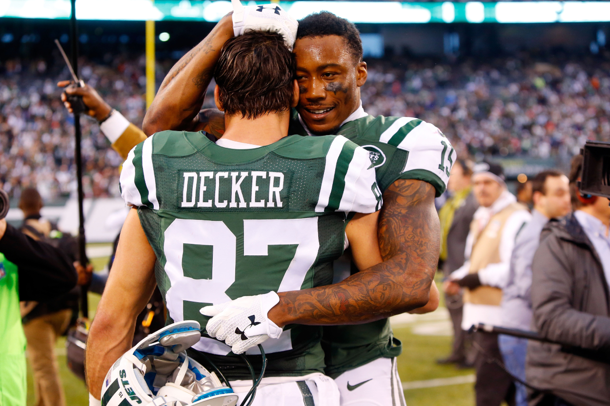 Eric Decker and Brandon Marshall of the New York Jets celebrate.