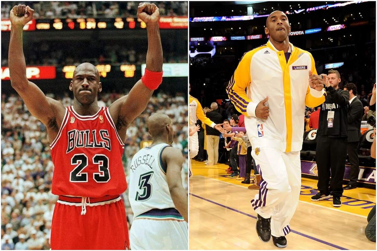 Michael Jordan raises both arms in the air after winning a game with the Chicago Bulls as Kobe Bryant jogs onto the court during a 2013 game with the Lakers.