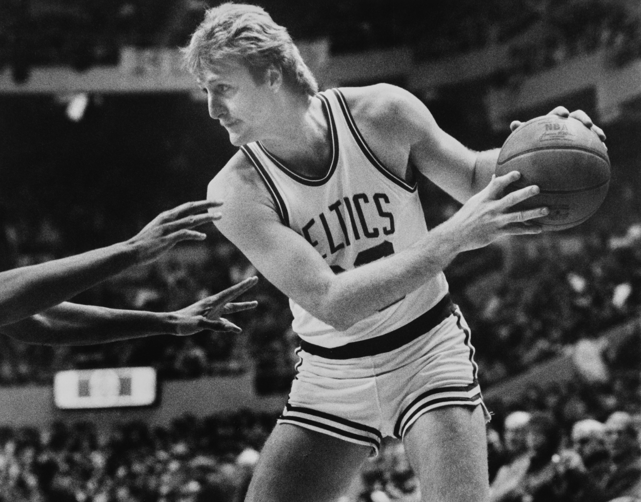 Larry Bird of the Boston Celtics squares to the basket.