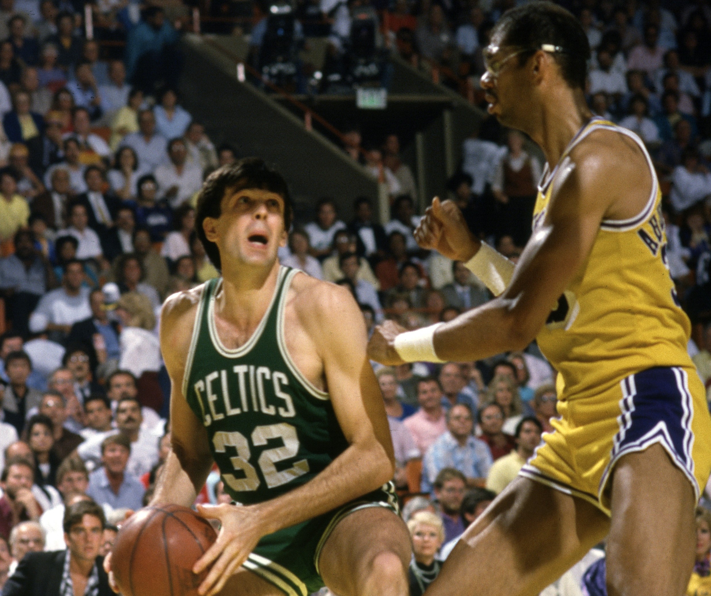 Boston Celtics forward Kevin McHale faces Kareem Abdul-Jabbar.